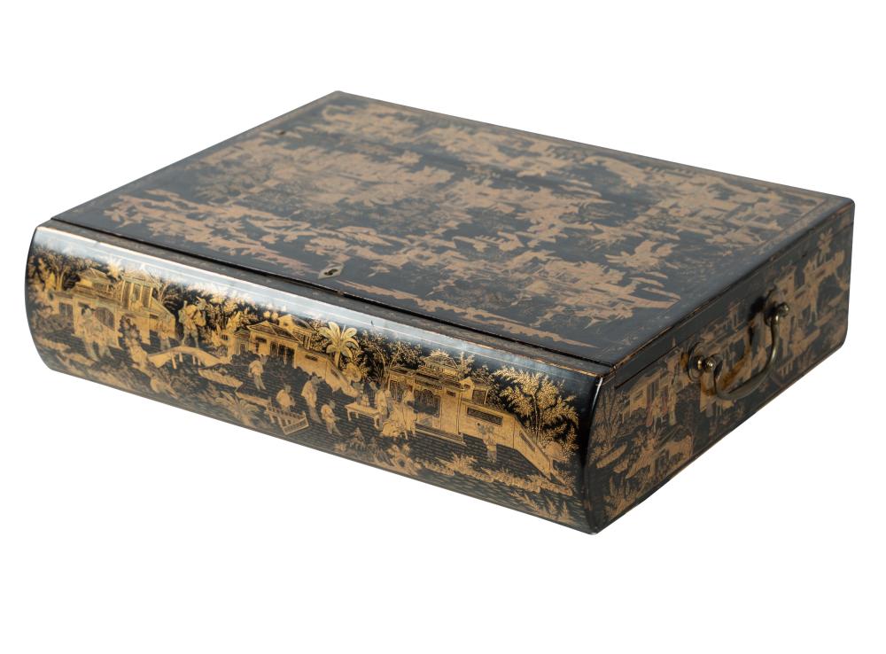 Appraisal: ENGLISH CHINOISERIE LACQUERED LAP DESKthe hinged lid reversing to a