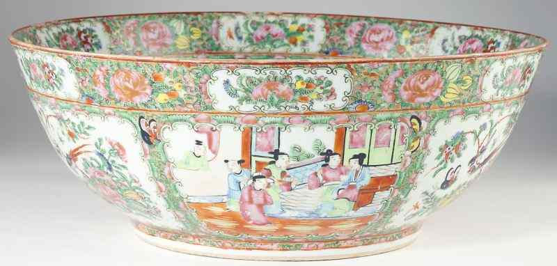 Appraisal: Rare Large Chinese Rose Medallion Punch Bowlcirca the sides decorated