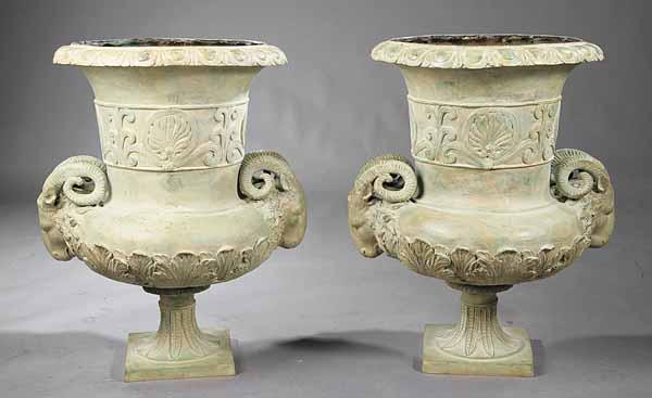 Appraisal: A Pair of Rococo-Style Patinated Bronze Urns th c lobed