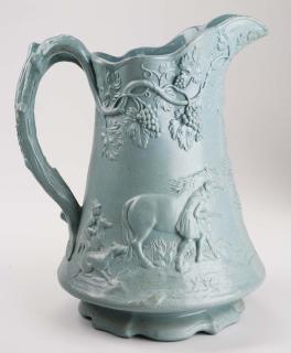 Appraisal: th c blue Parian salt glaze pottery pitcher w embossed