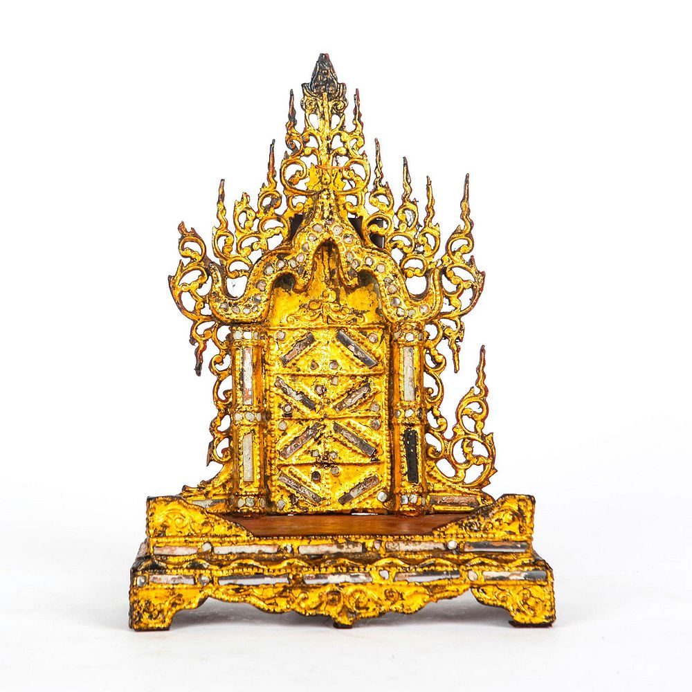 Appraisal: BURMESE CARVED TEAK BUDDHA ALTAR SHRINE Red lacquer gilt Inlaid