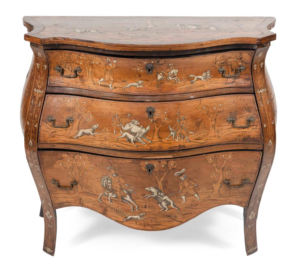 Appraisal: WALNUT- AND IVORY-VENEER PICTORIAL BOMBE COMMODE SOUTHERN GERMANY NORTHERN ITALY