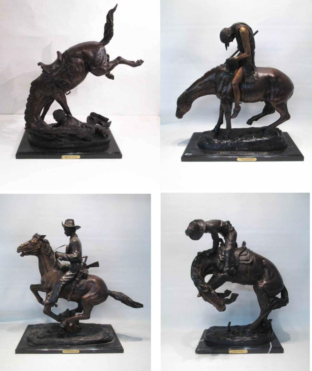 Appraisal: FOUR WESTERN HORSE RIDER BRONZES including Frederic Remington's Wicked Pony