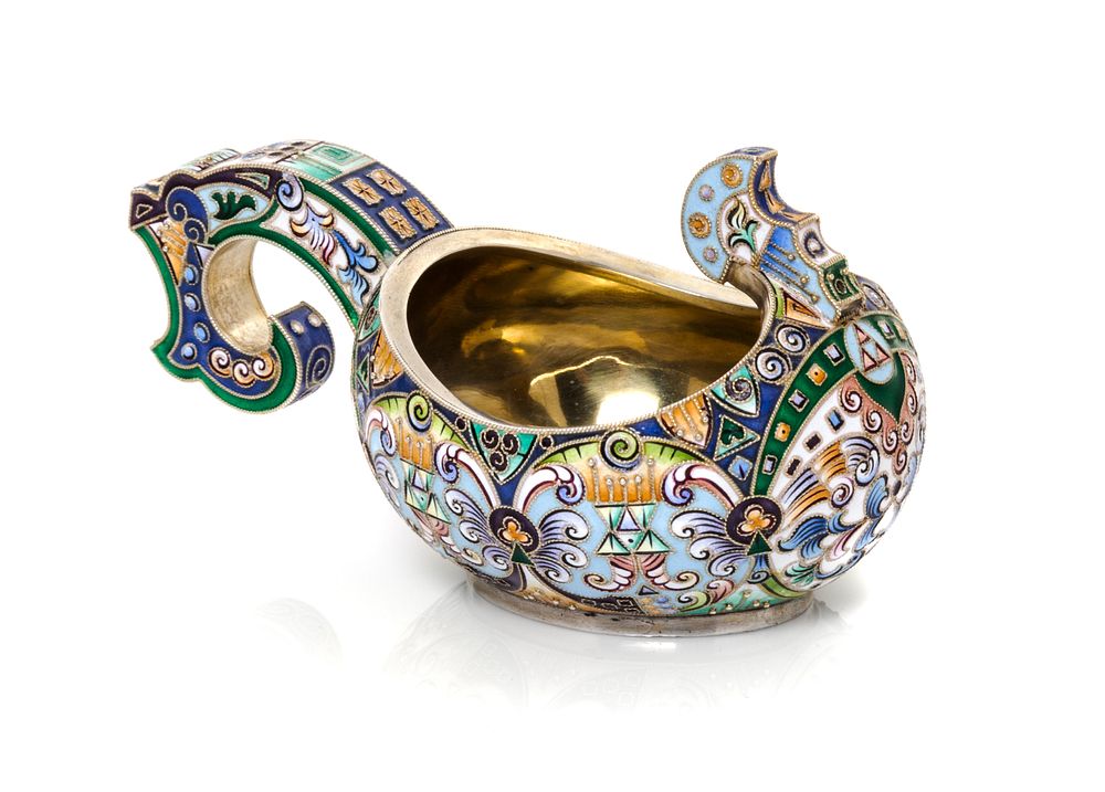 Appraisal: A Russian Silver and Enameled Kovsh A Russian Silver and