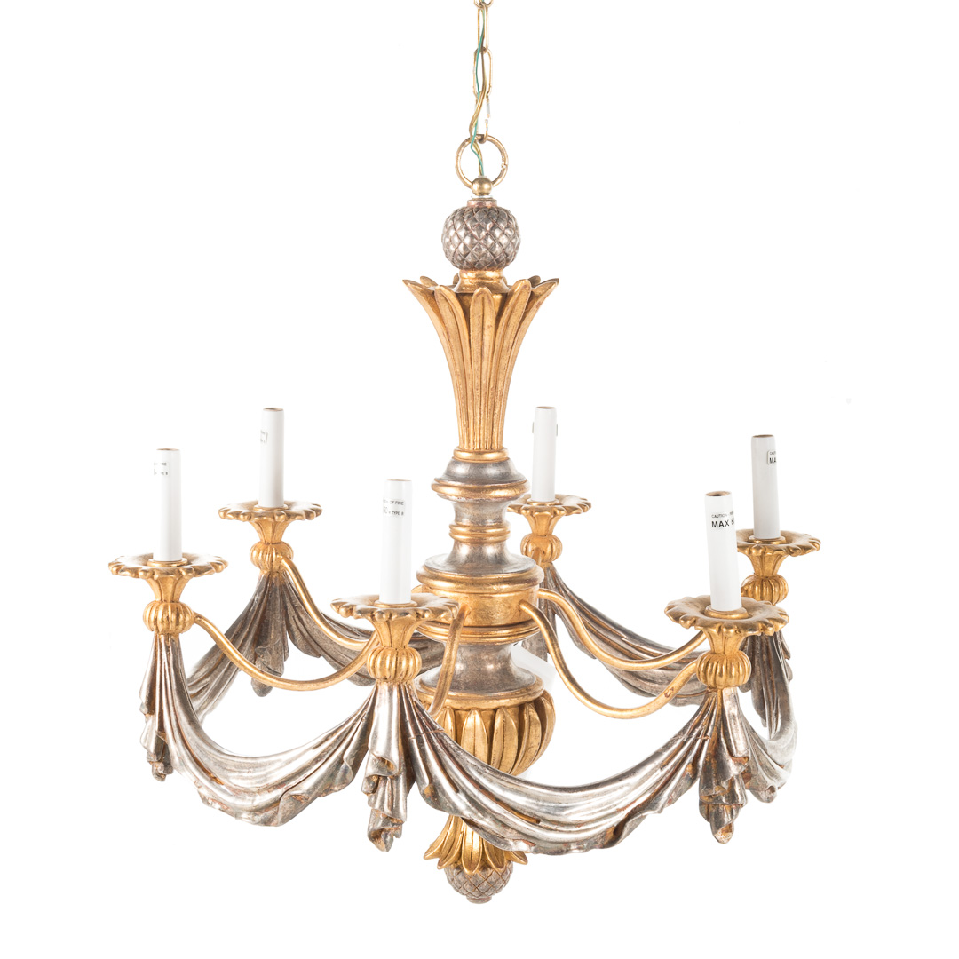 Appraisal: Italian gilt and silvered wood chandelier th century baluster-form standard