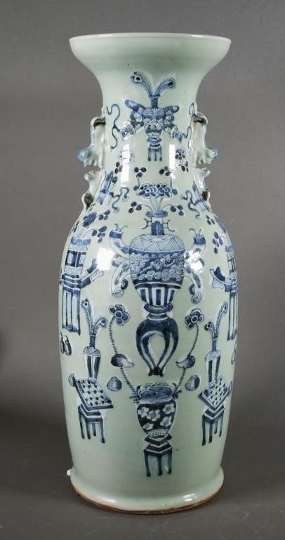 Appraisal: Chinese blue and white celadon ceramic vase with foo dog