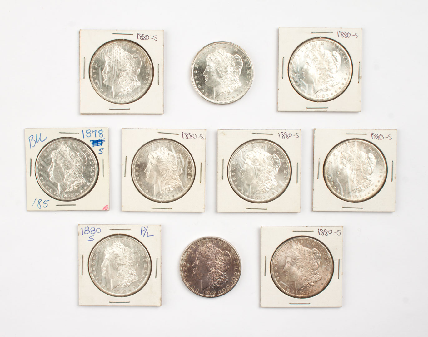 Appraisal: Ten U S Morgan type silver dollars -' comprising two