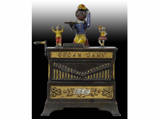 Appraisal: Cast Iron Organ Bank Boy Mechanical Bank Description Dancing girl