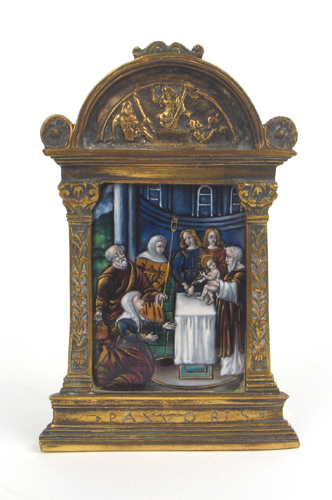 Appraisal: FRENCH GUILLOCHE ENAMEL MINIATURE PAINTING probably on copper Depicts the