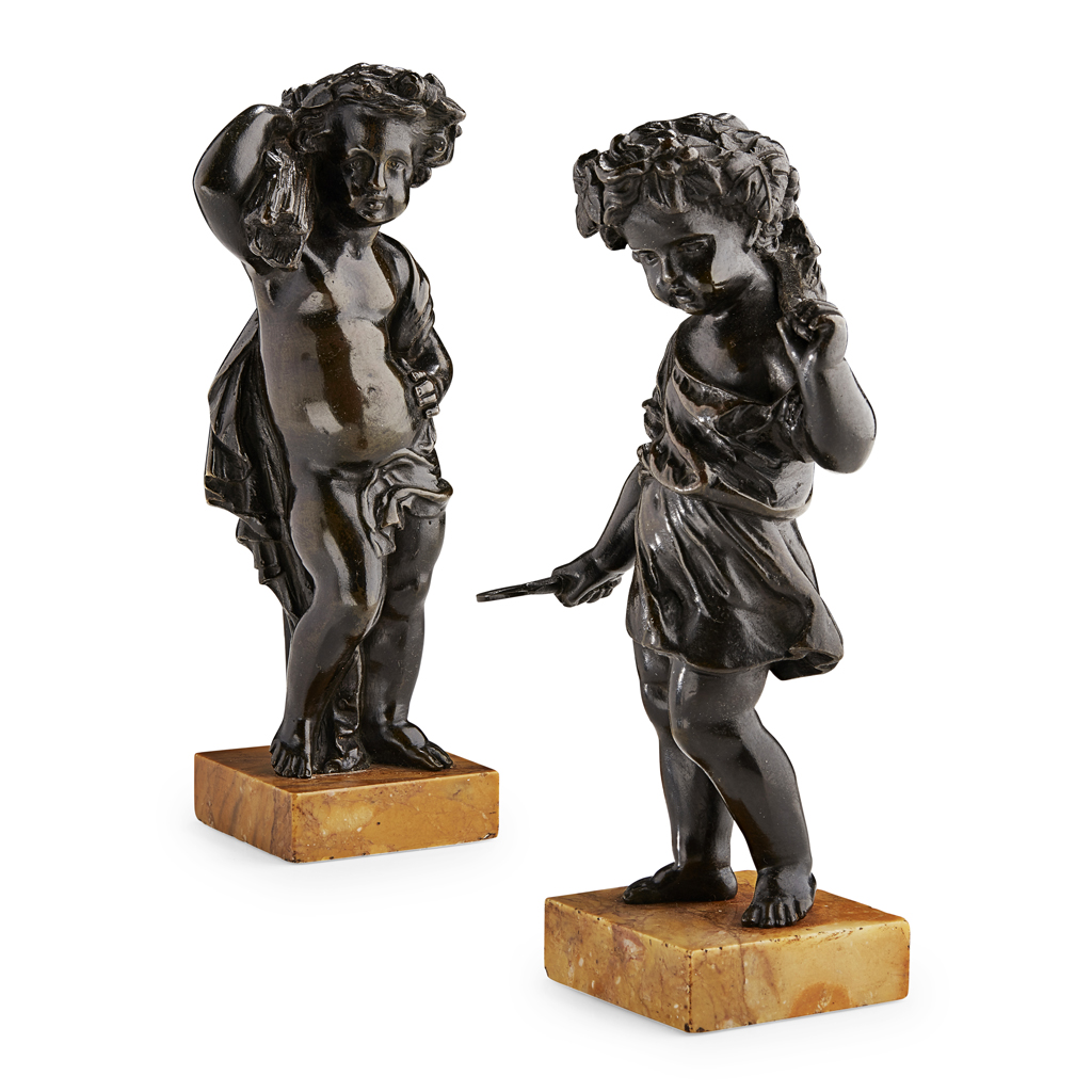 Appraisal: PAIR OF FRENCH BRONZE FIGURES OF PUTTI EMBLEMATIC OF THE