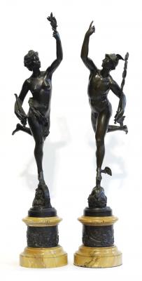 Appraisal: A PAIR OF BRONZE FIGURES Mercury and Fortuna each raised