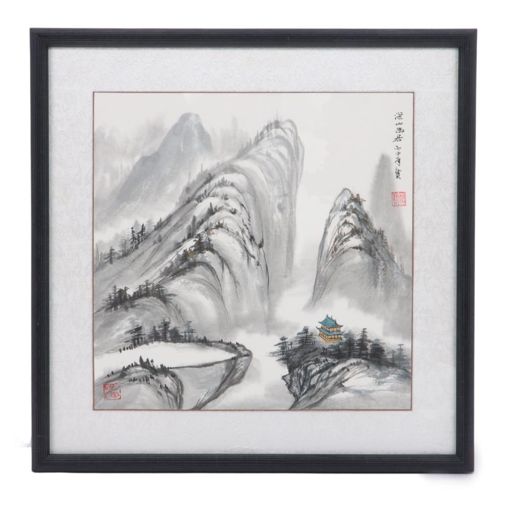 Appraisal: JAPANESE INK WASH WATERCOLOR SCROLL PAINTING MOUNTAIN TOP LANDSCAPE SCENERY