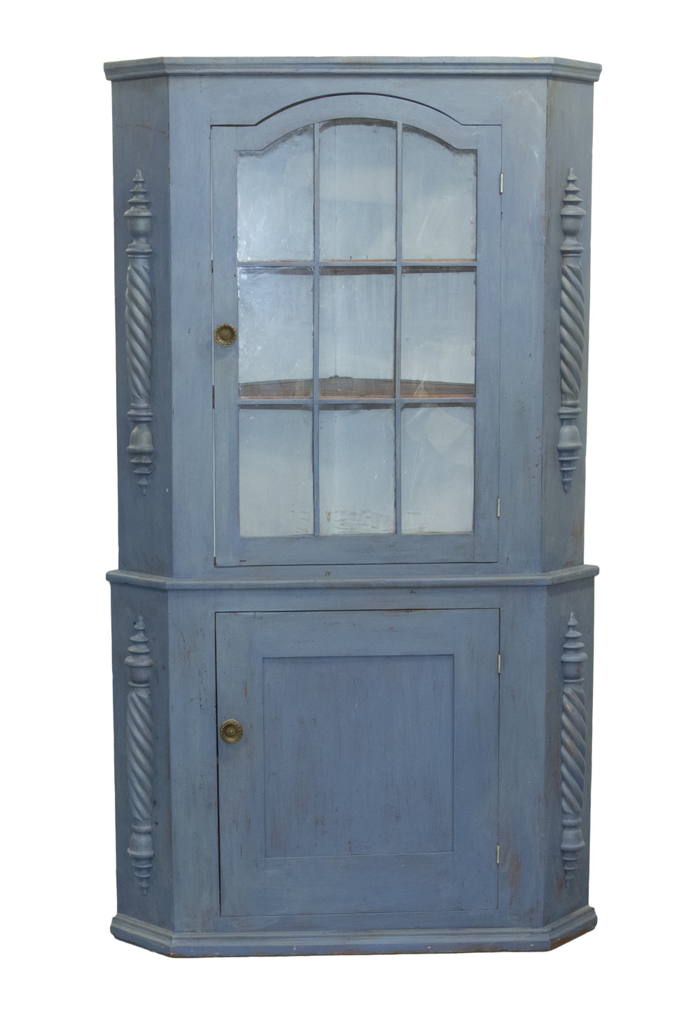 Appraisal: TWO-PART PINE CORNER CUPBOARD IN DUTCH BLUE Early th c