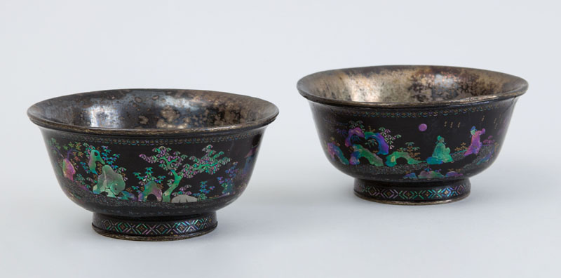 Appraisal: PAIR OF CHINESE ABALONE SHELL-INLAID BLACK LACQUER FOOTED BOWLS Each