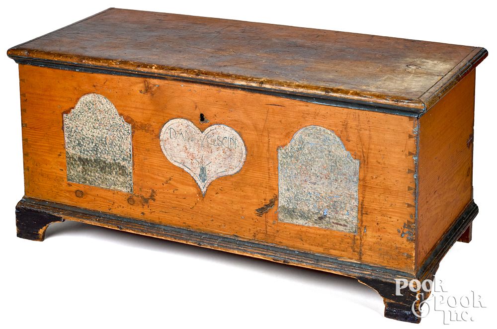 Appraisal: Pennsylvania painted pine dower chest dated Pennsylvania painted pine dower