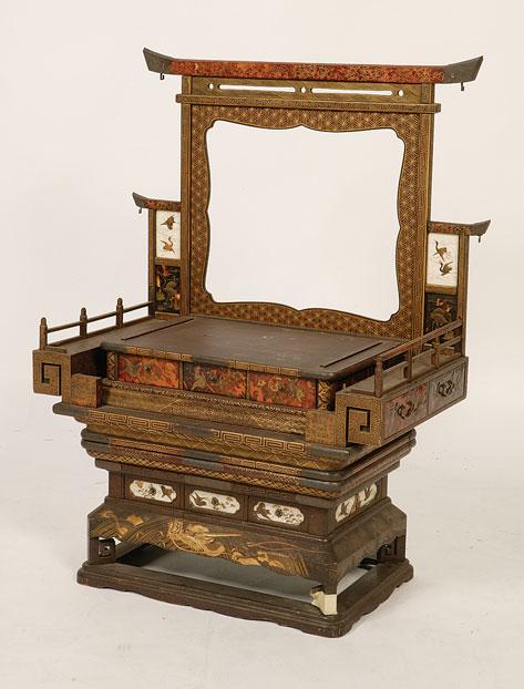 Appraisal: A JAPANESE LACQUER SHRINE incorporating shibyama style panels and other