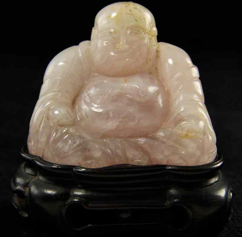 Appraisal: Chinese Rose Quartz Buddhaon custom wood base HOA in Repairs