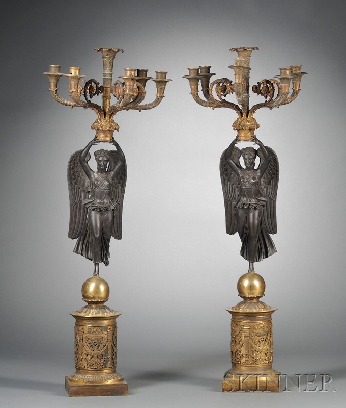 Appraisal: Pair of Empire-style Figural Candelabra th century gilded and patinated