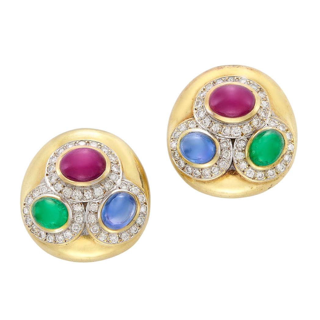 Appraisal: Pair of Gold Cabochon Colored Stone and Diamond Earclips kt