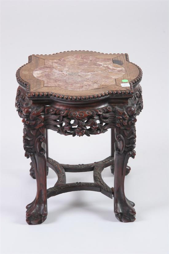 Appraisal: CHINESE CARVED TEAKWOOD TABOURET WITH MARBLE INSET TOP th century