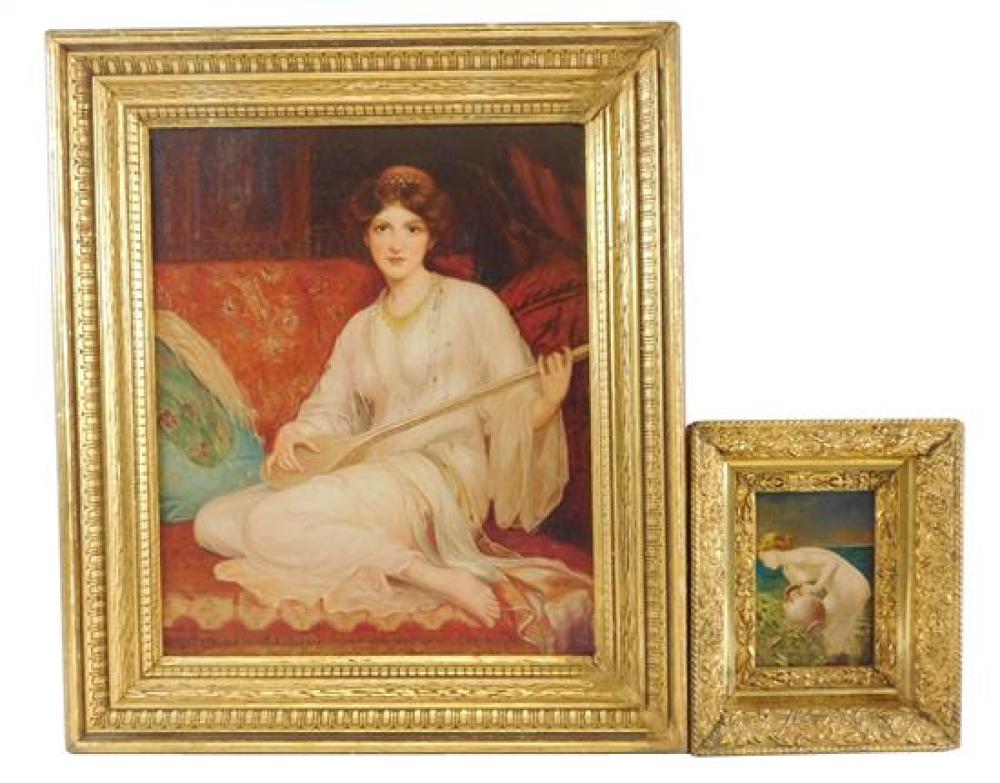 Appraisal: Two female figural works the first an oil on board