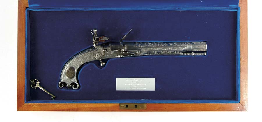 Appraisal: COMMEMORATIVE PITCAIRN FLINTLOCK PISTOL SN Cal multistage bbl The plaque