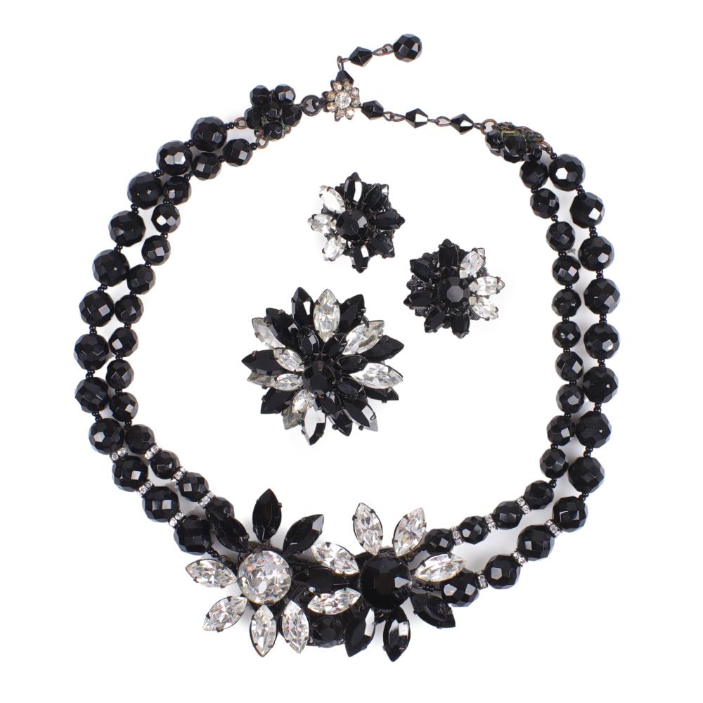 Appraisal: MIRIAM HASKELL PARURE DOUBLE STRAND BLACK FACETED GLASS BEAD NECKLACE