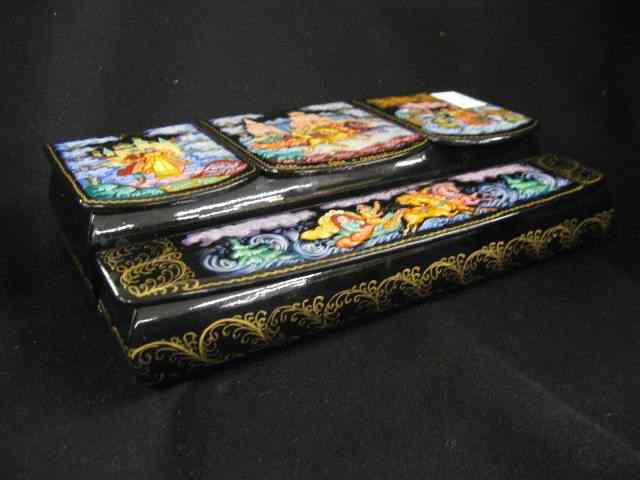 Appraisal: Russian Lacquerware Jewelry Box fairy tale style scenes signed compartments