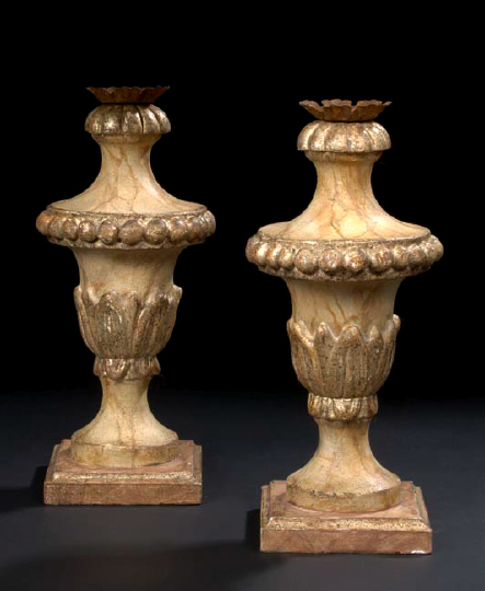 Appraisal: Pair of Italian Wrought-Tin-Mounted Carved and Parcel-Gilded Wood Vasiform Pricket