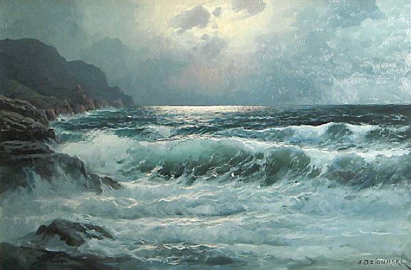 Appraisal: Alexander Dzigurski Yugoslavian American - Crashing Waves and Coastal Cliffs