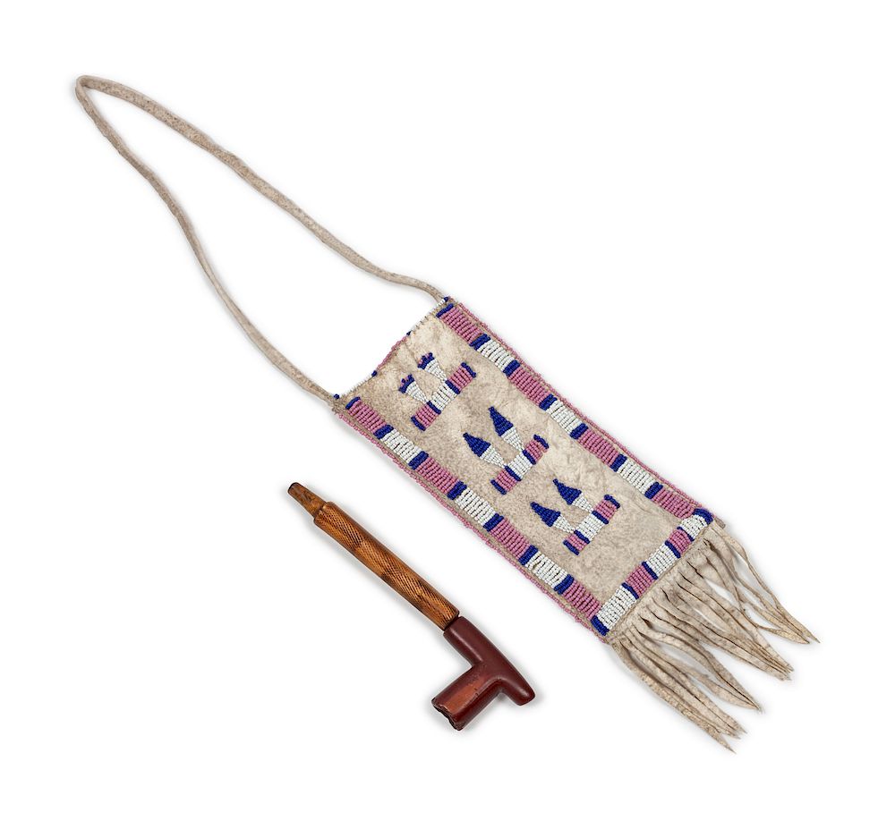 Appraisal: Northern Plains Beaded Hide Bag with Pipe overall length inches