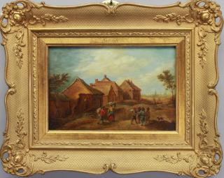 Appraisal: th C European Village w figures Oil Board th C