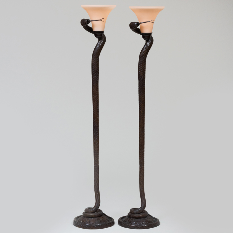 Appraisal: PAIR OF ART DECO STYLE BRONZE AND GLASS FLOOR LAMPS