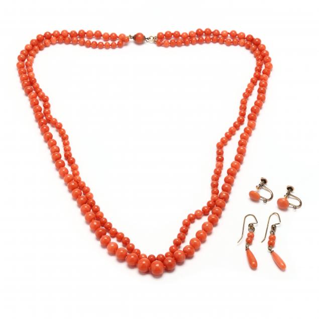 Appraisal: VINTAGE CORAL NECKLACE AND TWO PAIRS OF EARRINGS The double