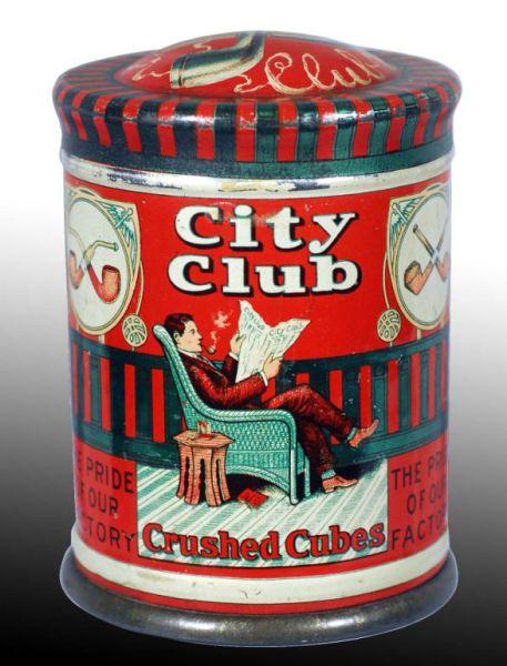 Appraisal: City Club Slip-Top Tobacco Canister Description Manufactured by the Burley