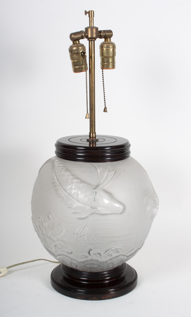 Appraisal: Continental frosted glass vase lamp possibly Verlys with relief fish