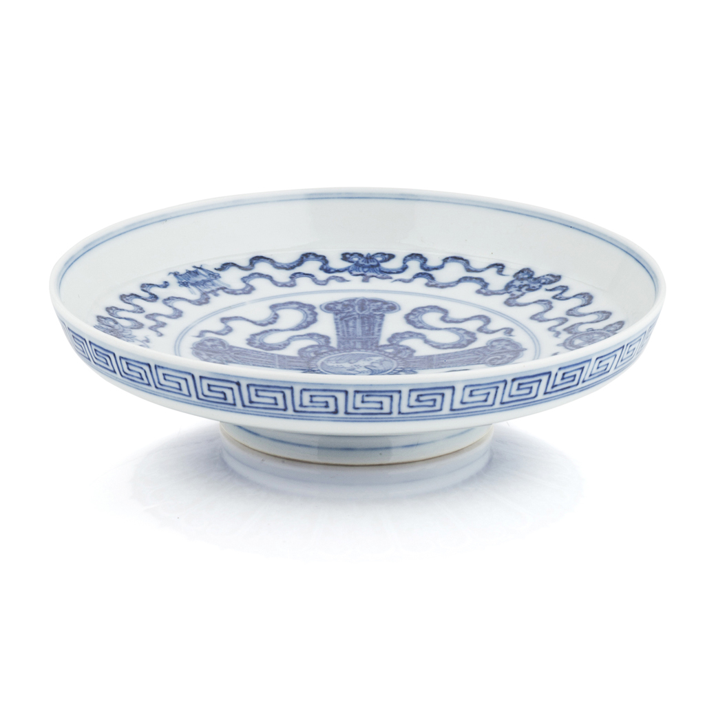 Appraisal: BLUE AND WHITE FOOTED DISH QIANLONG MARK BUT POSSIBLY LATER