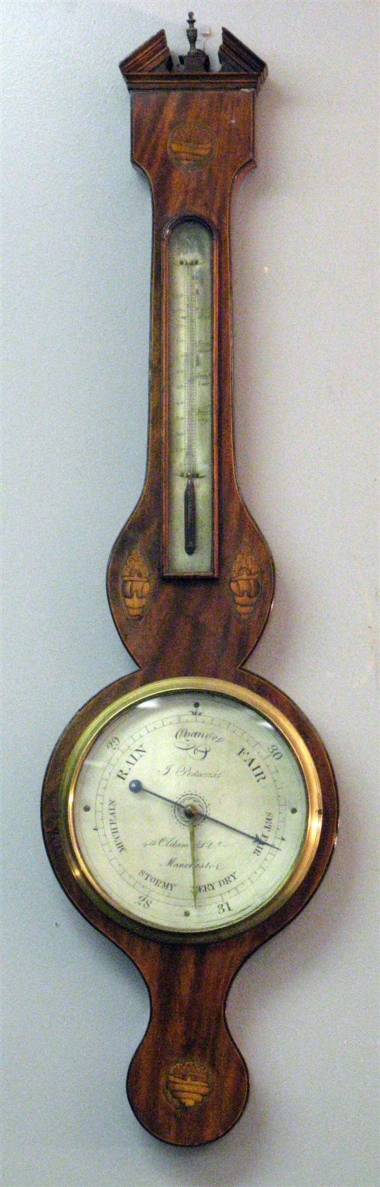 Appraisal: th century mahogany and parquetry inlaid Banjo shaped barometer by