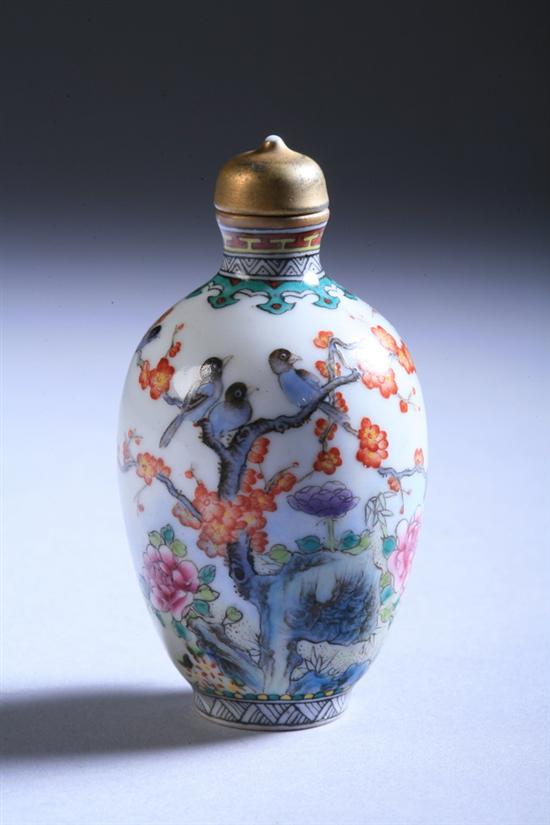 Appraisal: CHINESE FAMILLE ROSE PORCELAIN SNUFF BOTTLE Yongzheng four-character iron red