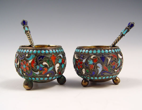 Appraisal: PAIR RUSSIAN ENAMEL SILVER SALTS WITH SPOONS Circa early th