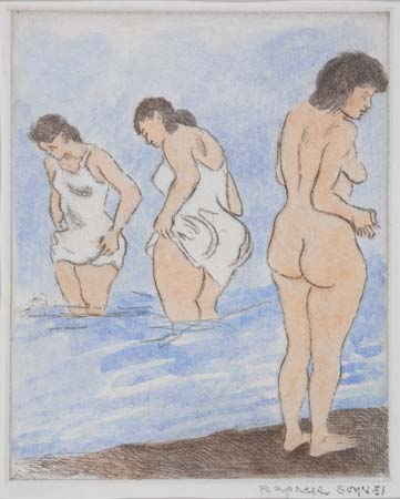 Appraisal: RAPHAEL SOYER Bathers Etching with hand coloring in watercolor x