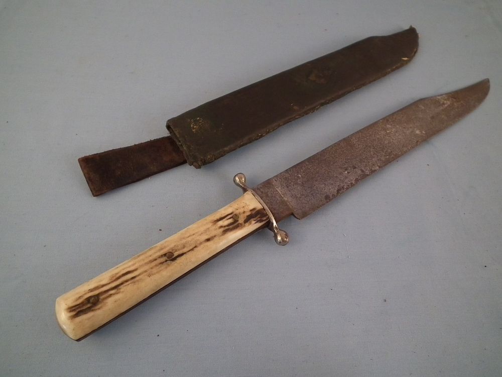 Appraisal: ANTIQUE BOWIE KNIFE Antique bowie knife with stag handle and