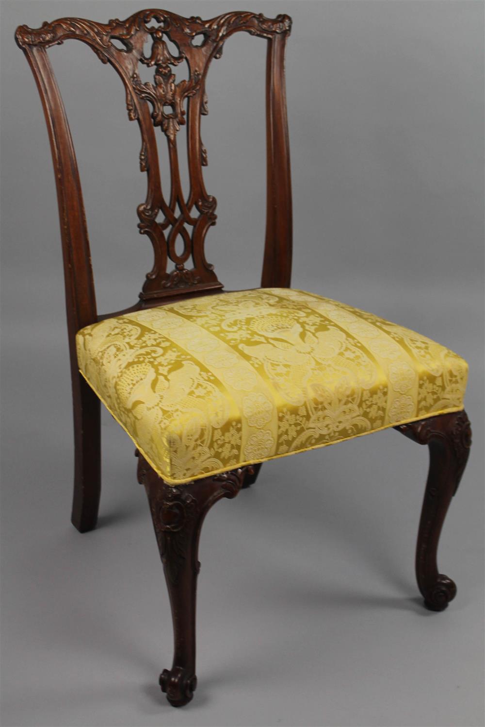 Appraisal: CHIPPENDALE STYLE MAHOGANY SIDE CHAIR WITH YELLOW SILK DAMASK SEAT