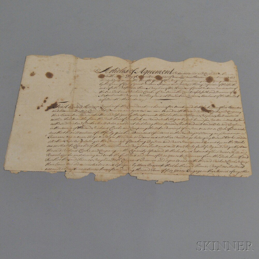 Appraisal: Articles of Agreement London England between Thomas Baylias and Richard