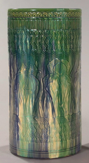 Appraisal: American Blue and Green Drip-Glazed Bas-Relief Pottery Umbrella Stand first