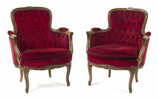 Appraisal: A Pair of Louis XV Style Bergeres having a curved