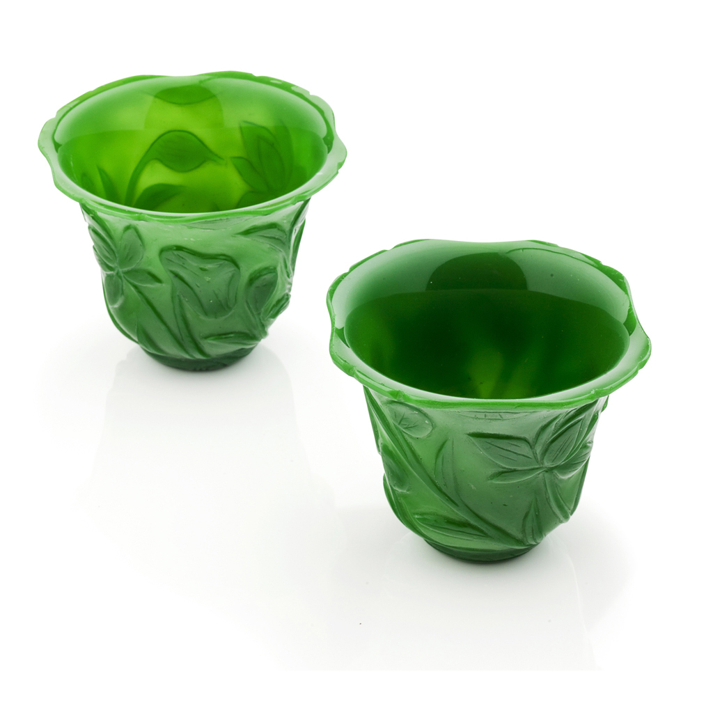 Appraisal: PAIR OF PEKING GLASS CUPS of floral form the green