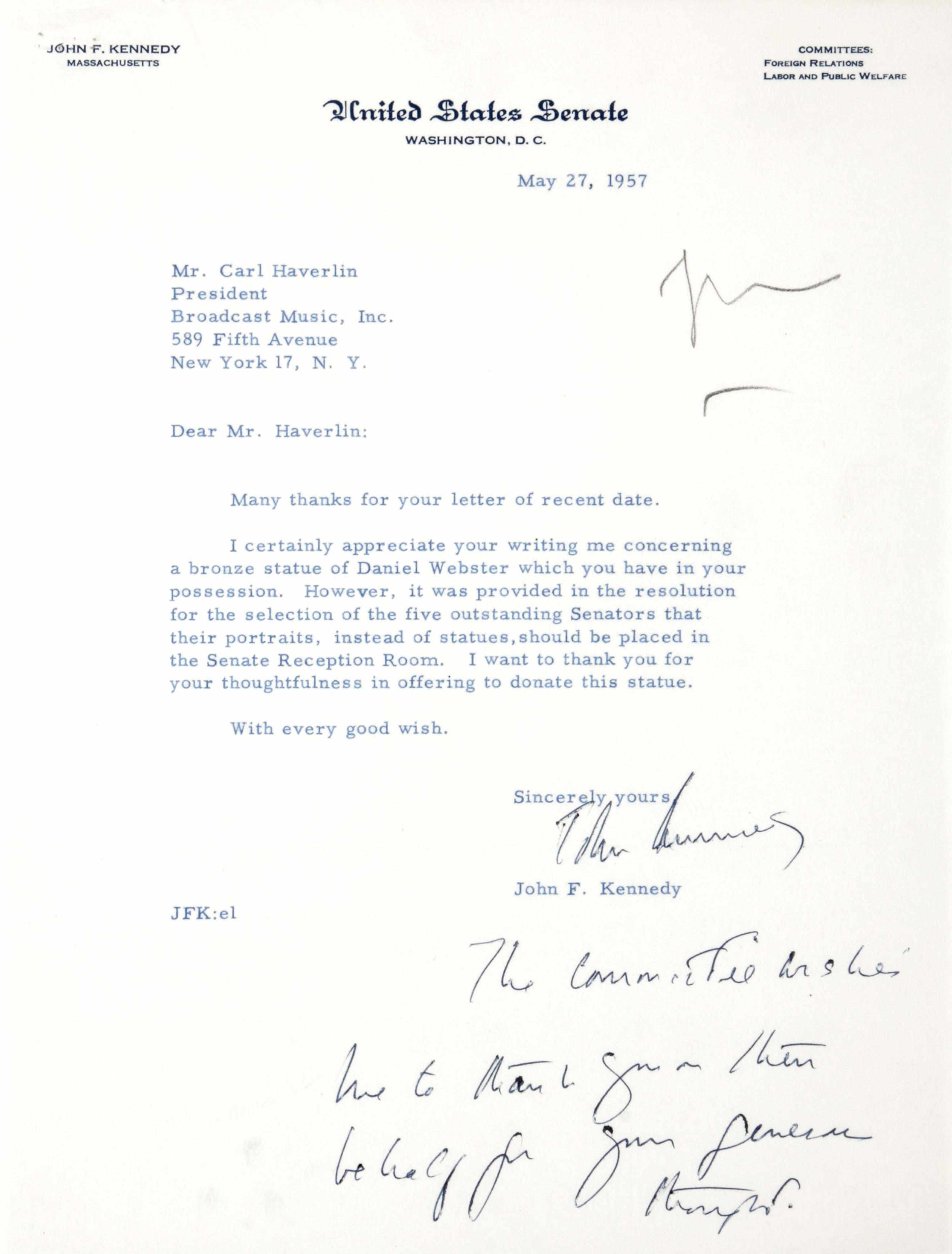 Appraisal: KENNEDY JOHN FITZGERALD - Typed Letter Signed ''John Kennedy'' p