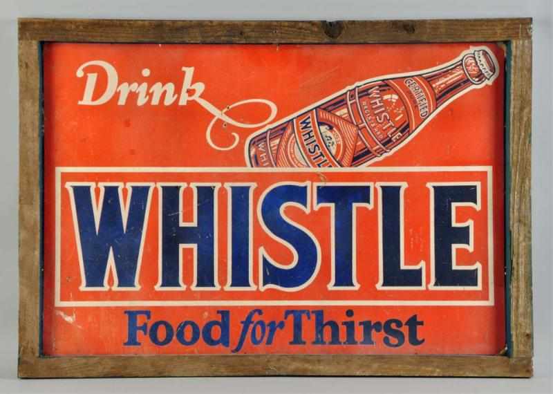 Appraisal: Heavy Cardboard Whistle Sign Description s Mounted in a rustic