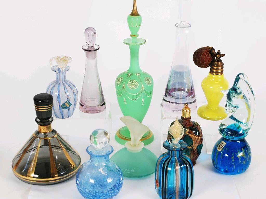 Appraisal: TWELVE COLOURED GLASS SCENT BOTTLES including two Murano examples a